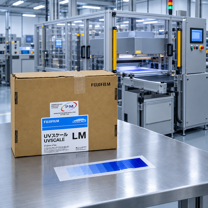 Illustrative UVLM-R270 quality-control workbench with blue UV film sample