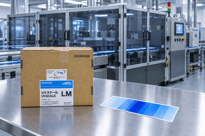 Illustrative UVLM-R270 industrial UV inspection scene with blue film sample