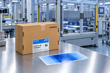Illustrative UVH-R270 industrial UV inspection scene with blue film sample