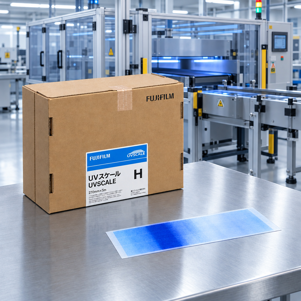 Illustrative UVH-R270 quality-control workbench with blue UV film sample